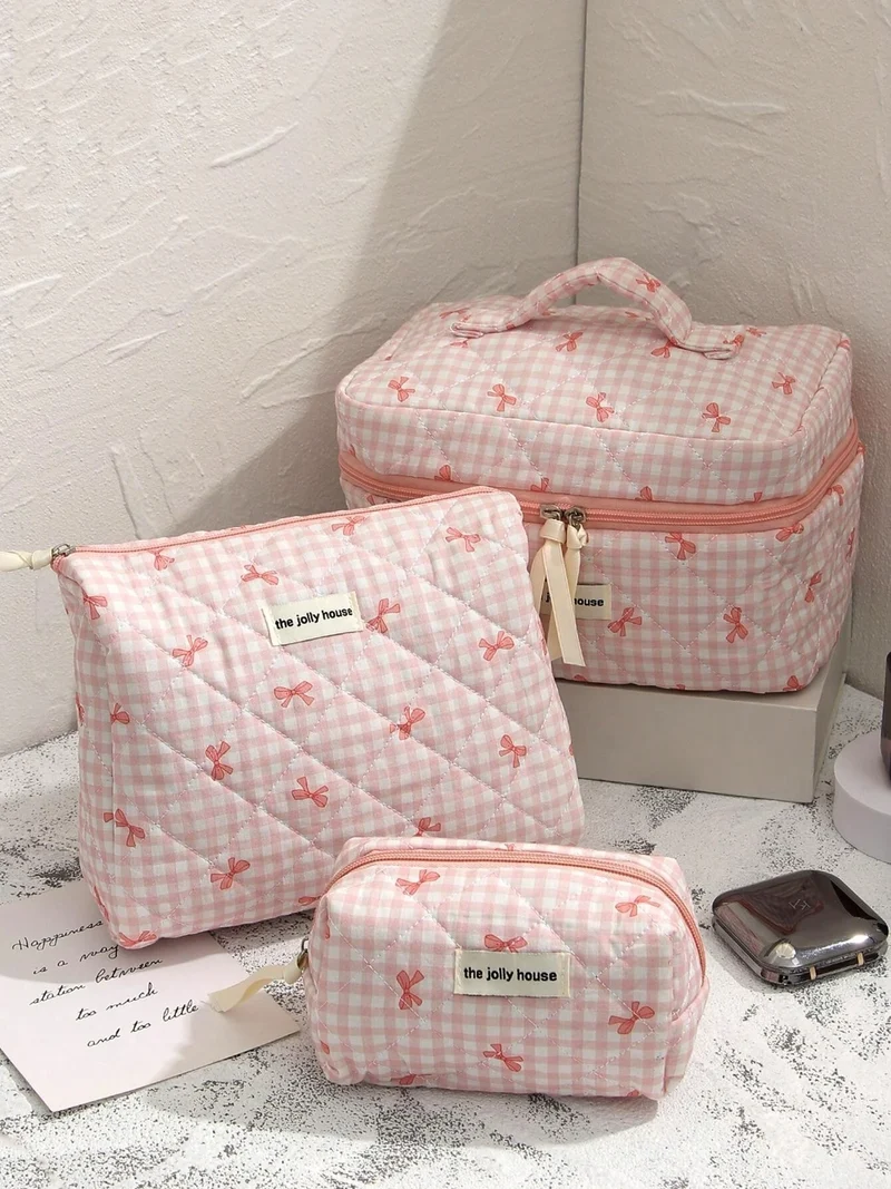1set Cute Bowknot Cosmetic Bag Organizer Multifunctional Wallet Pouch Portable Brush Storage Clutch Travel Makeup Skincare Bag