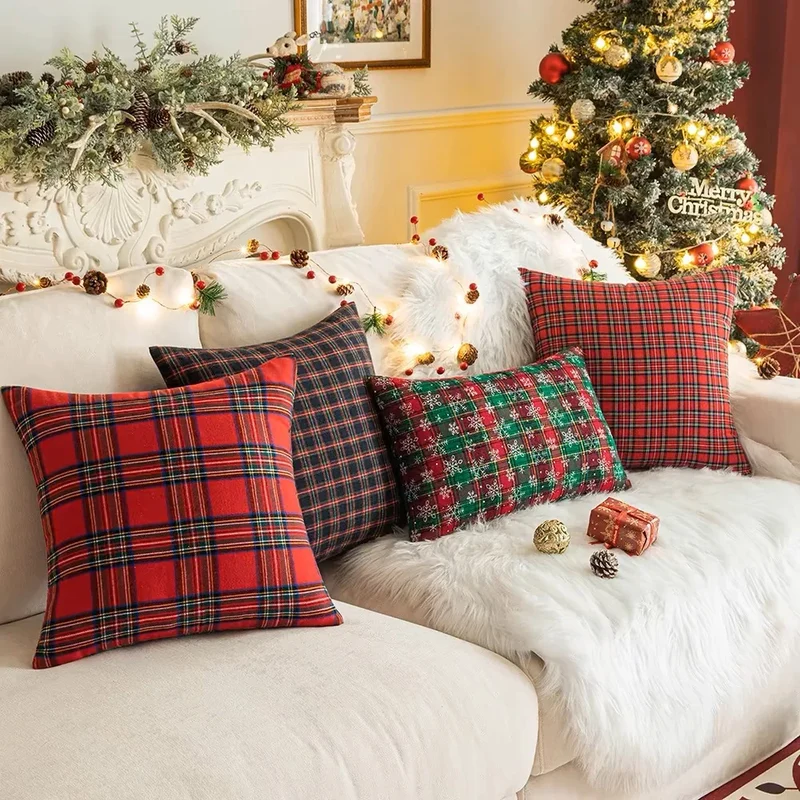 Christmas Plaid Decorative Throw Pillow Covers Scottish Tartan Cushion Case for Farmhouse Home Holiday Decor Sofa Couch Decor