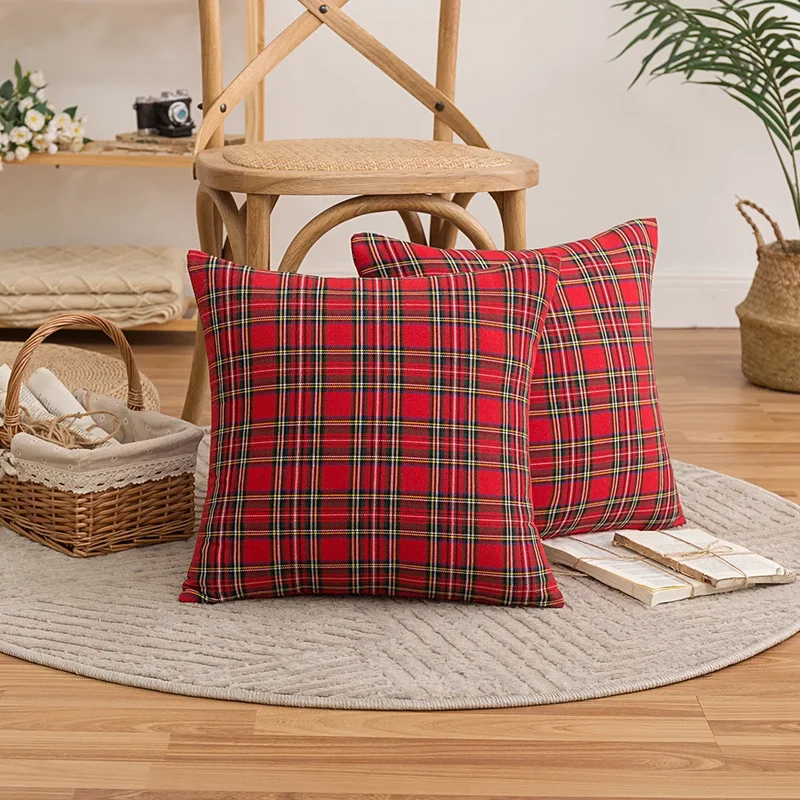 Christmas Plaid Decorative Throw Pillow Covers Scottish Tartan Cushion Case for Farmhouse Home Holiday Decor Sofa Couch Decor