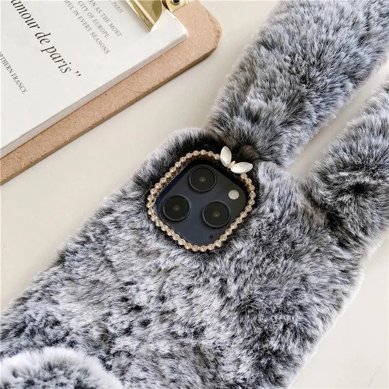 Soft Plush Phone Case For Xiaom Poco C85 C75 C71 C65 C61 C55 C51 C50 C40 C31 C3 Warm Winter Furry Rabbit Bunny Fur Cover