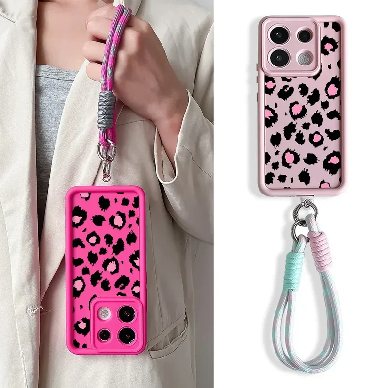 Phone Case For Xiaomi 14T 12T 13T 11T 15 14 12 13 Poco X6 X5 X3 F3 F5 Pro Lite Leopard Print Wrist Chain Lanyard Hang Strap Case
