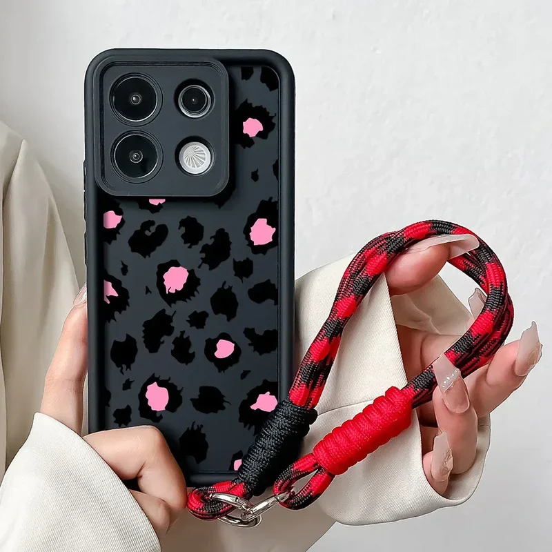 Phone Case For Xiaomi 14T 12T 13T 11T 15 14 12 13 Poco X6 X5 X3 F3 F5 Pro Lite Leopard Print Wrist Chain Lanyard Hang Strap Case
