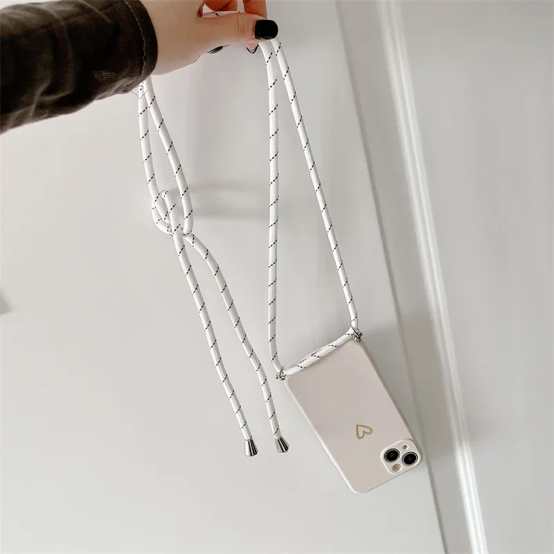 Crossbody Lanyard Silicone Phone Case For iPhone 15 14 11 12 13 Pro Max Mini 8 7 6 Plus 10 X Xr Xs Max SE 2020 Love Heart Cover