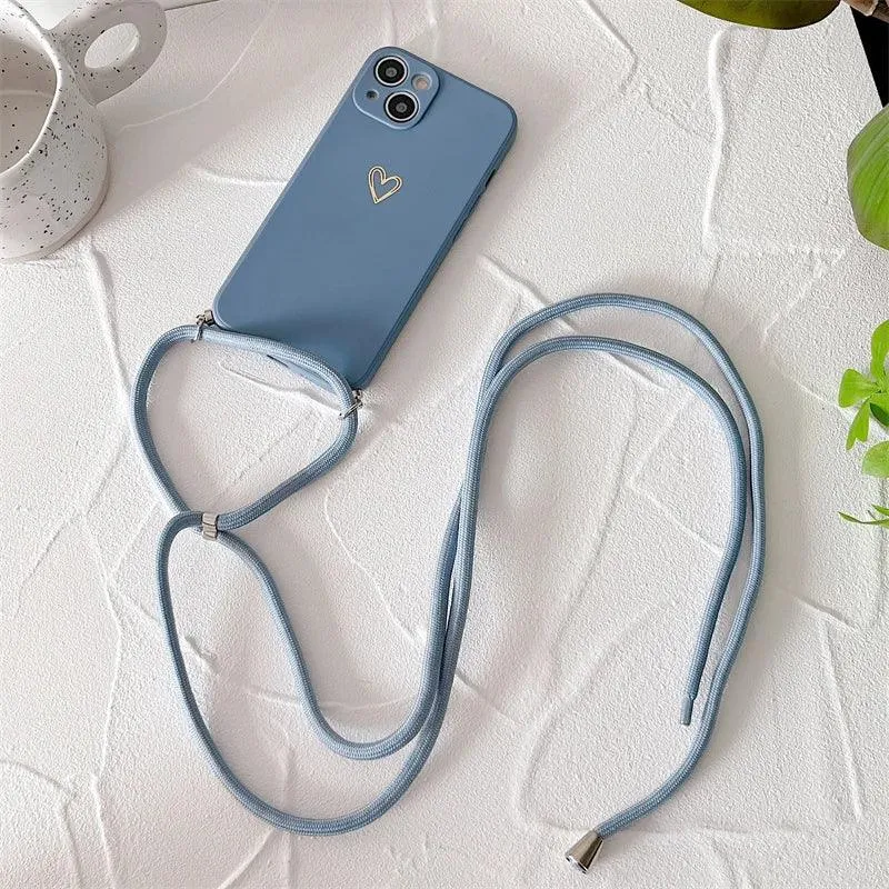 Crossbody Lanyard Silicone Phone Case For iPhone 15 14 11 12 13 Pro Max Mini 8 7 6 Plus 10 X Xr Xs Max SE 2020 Love Heart Cover