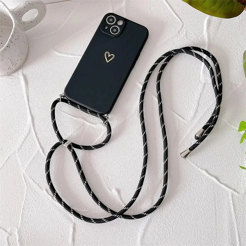 Crossbody Lanyard Silicone Phone Case For iPhone 15 14 11 12 13 Pro Max Mini 8 7 6 Plus 10 X Xr Xs Max SE 2020 Love Heart Cover