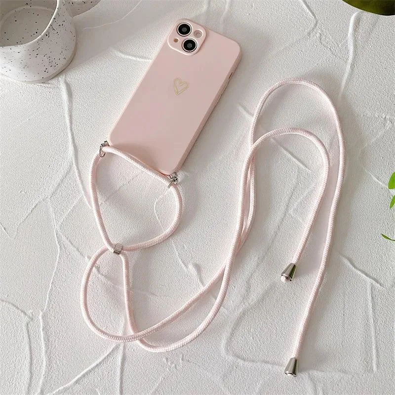 Crossbody Lanyard Silicone Phone Case For iPhone 15 14 11 12 13 Pro Max Mini 8 7 6 Plus 10 X Xr Xs Max SE 2020 Love Heart Cover