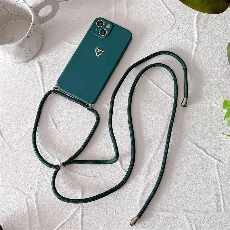 Crossbody Lanyard Silicone Phone Case For iPhone 15 14 11 12 13 Pro Max Mini 8 7 6 Plus 10 X Xr Xs Max SE 2020 Love Heart Cover