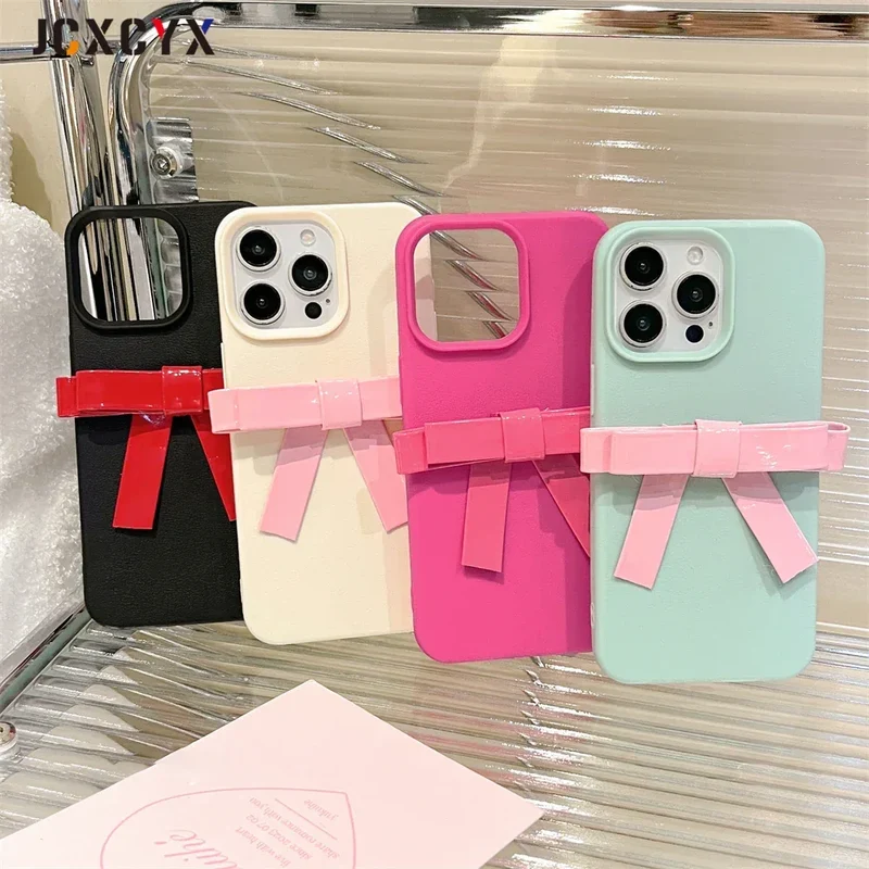 Korean Cute 3D Bowknot Lychee Leather Pattern TPU Phone Case For iphone 16 15 14 13 12 11 Pro Max 14 15 16 Plus Kawaii Cover