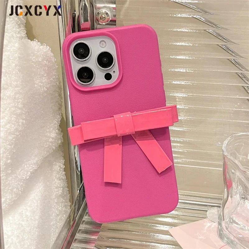 Korean Cute 3D Bowknot Lychee Leather Pattern TPU Phone Case For iphone 16 15 14 13 12 11 Pro Max 14 15 16 Plus Kawaii Cover