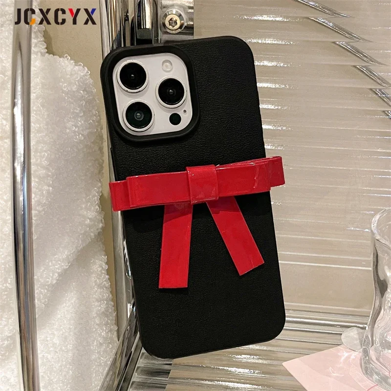 Korean Cute 3D Bowknot Lychee Leather Pattern TPU Phone Case For iphone 16 15 14 13 12 11 Pro Max 14 15 16 Plus Kawaii Cover