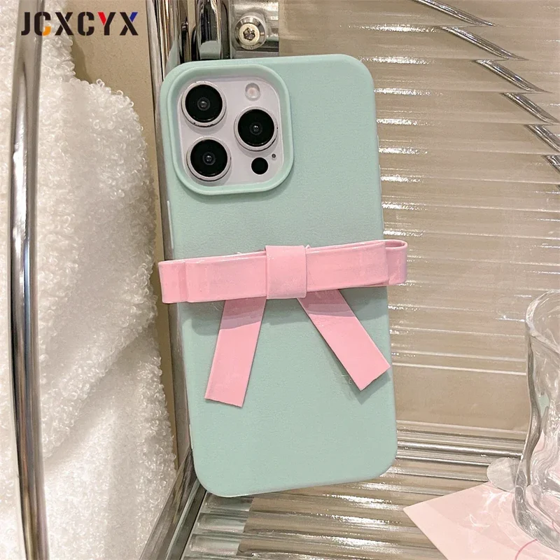 Korean Cute 3D Bowknot Lychee Leather Pattern TPU Phone Case For iphone 16 15 14 13 12 11 Pro Max 14 15 16 Plus Kawaii Cover