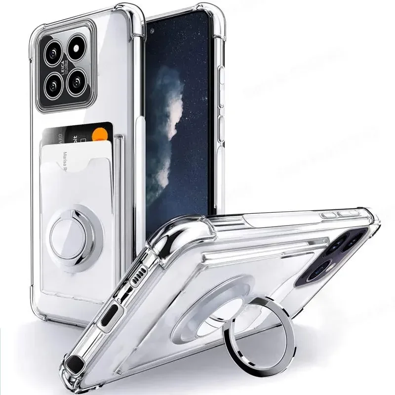 Ring Holder Wallet Card Slot Phone Case for Xiaomi 14T 14 Pro Airbag Shockproof Soft Silicone Transparent Cover for Redmi 14C 4G