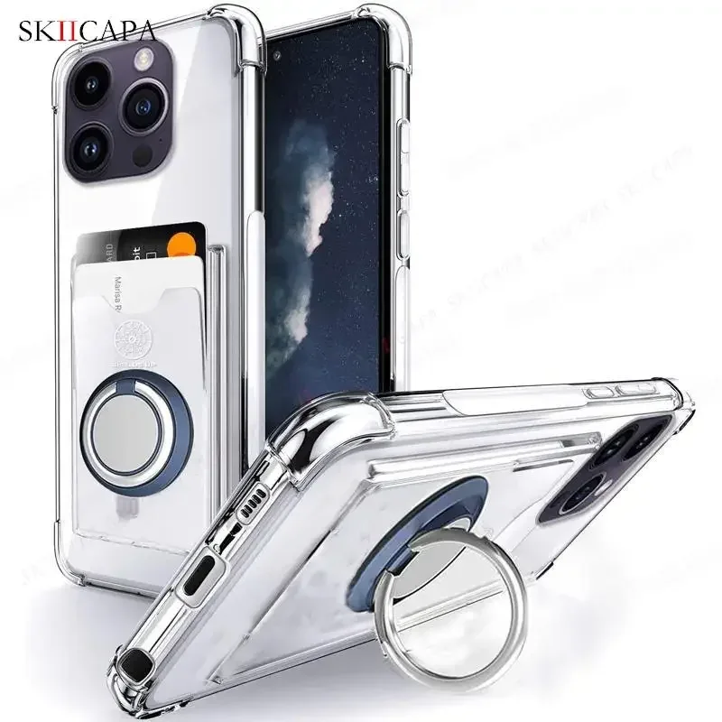 Ring Holder Wallet Card Slot Phone Case for Xiaomi 14T 14 Pro Airbag Shockproof Soft Silicone Transparent Cover for Redmi 14C 4G