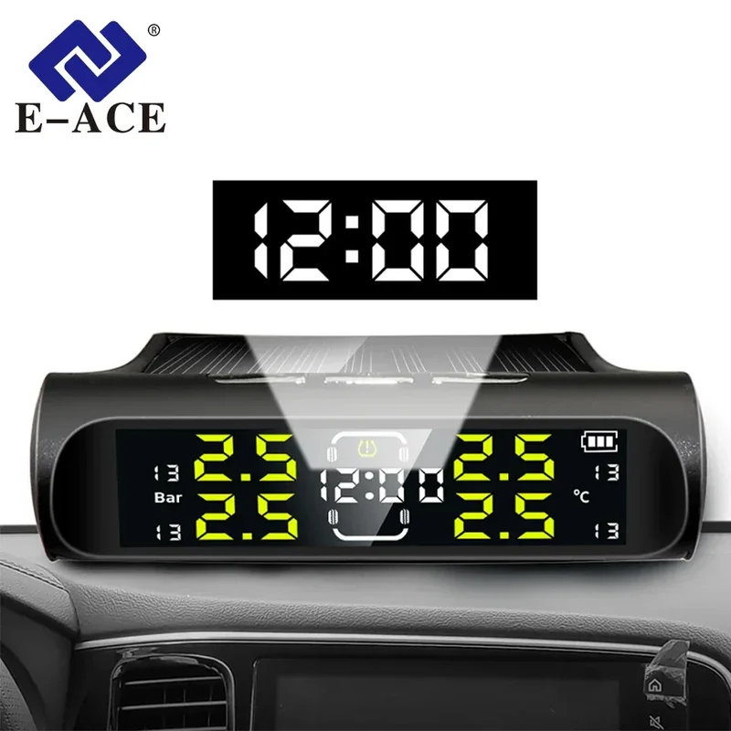 Wireless Solar Charging TPMS Real-time Monitoring with Electronic Clock Display 4 Sensors Tire Pressure Monitoring System