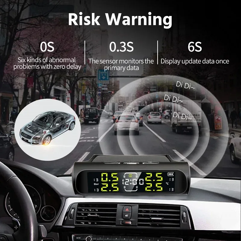 Wireless Solar Charging TPMS Real-time Monitoring with Electronic Clock Display 4 Sensors Tire Pressure Monitoring System