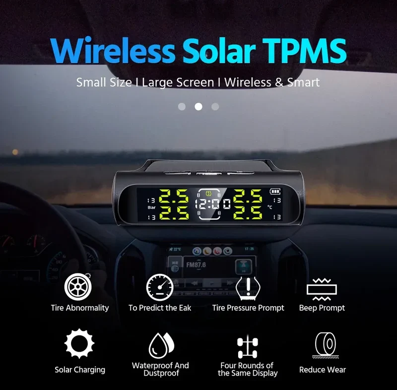 Wireless Solar Charging TPMS Real-time Monitoring with Electronic Clock Display 4 Sensors Tire Pressure Monitoring System