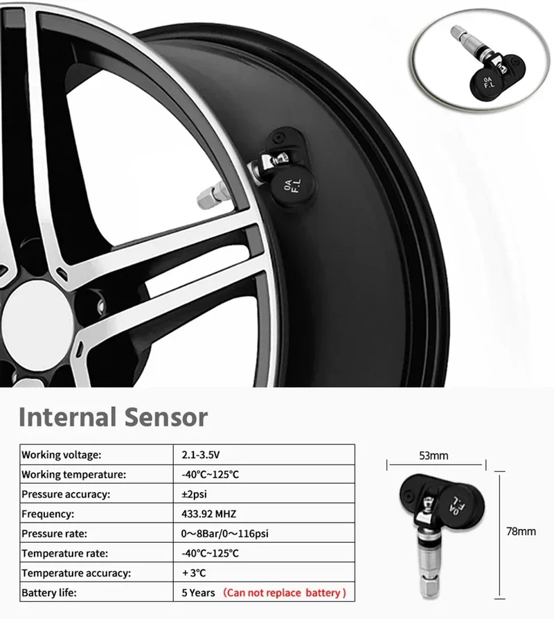 Wireless Solar Charging TPMS Real-time Monitoring with Electronic Clock Display 4 Sensors Tire Pressure Monitoring System