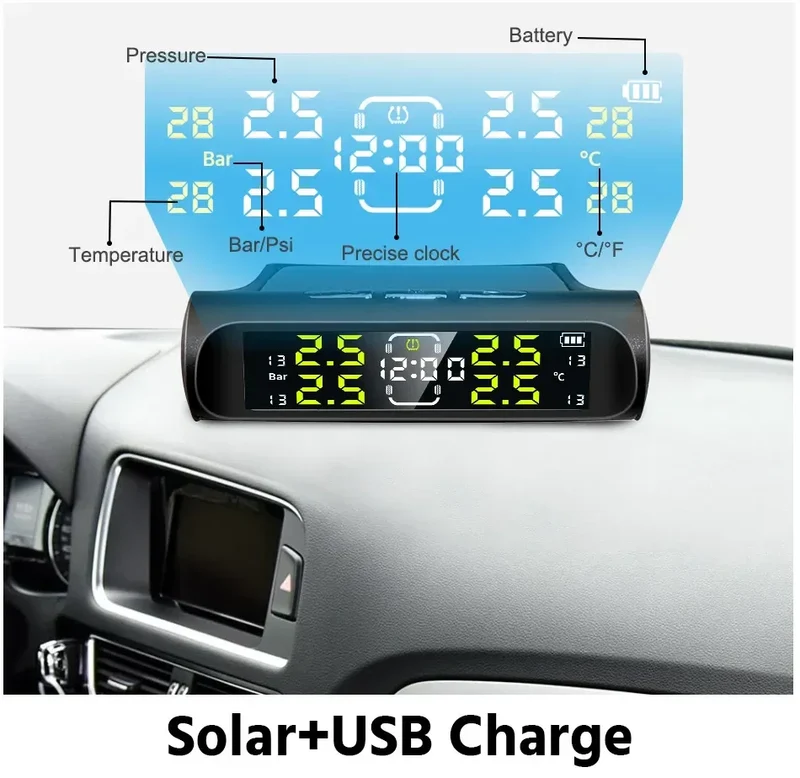 Wireless Solar Charging TPMS Real-time Monitoring with Electronic Clock Display 4 Sensors Tire Pressure Monitoring System