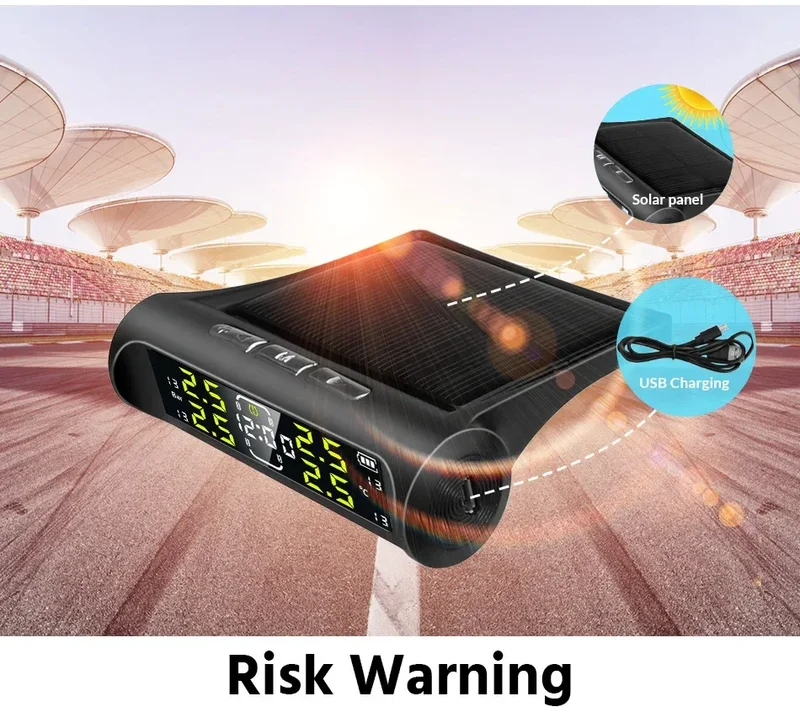 Wireless Solar Charging TPMS Real-time Monitoring with Electronic Clock Display 4 Sensors Tire Pressure Monitoring System