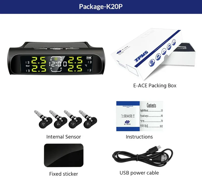 Wireless Solar Charging TPMS Real-time Monitoring with Electronic Clock Display 4 Sensors Tire Pressure Monitoring System