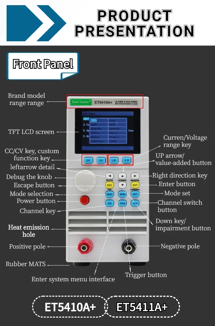 Programmable DC Electronic Load 150V 40A 400W Digital Battery Capacity Tester Electronic Load Meter Aging Instrument ET5410A+