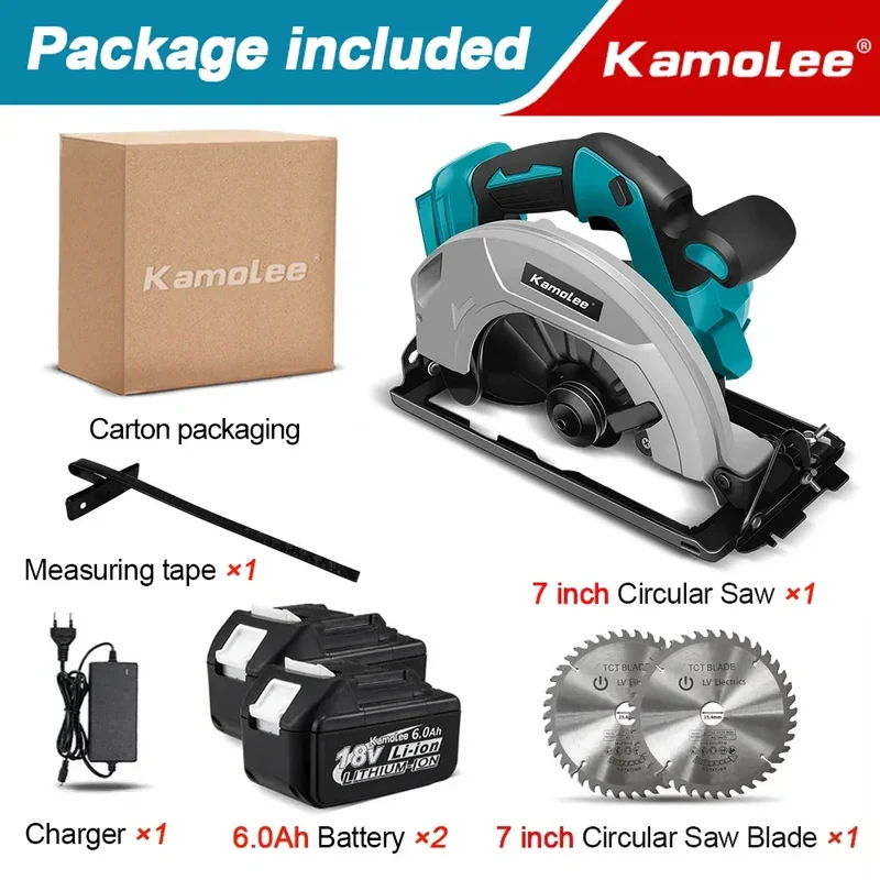 Kamolee 7 inch 21V 6.0Ah 6000mAh Electric Circular Saw for Home DIY Apply to 18V 21V Battery