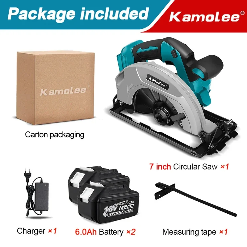 Kamolee 7 inch 21V 6.0Ah 6000mAh Electric Circular Saw for Home DIY Apply to 18V 21V Battery