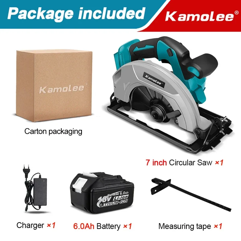 Kamolee 7 inch 21V 6.0Ah 6000mAh Electric Circular Saw for Home DIY Apply to 18V 21V Battery