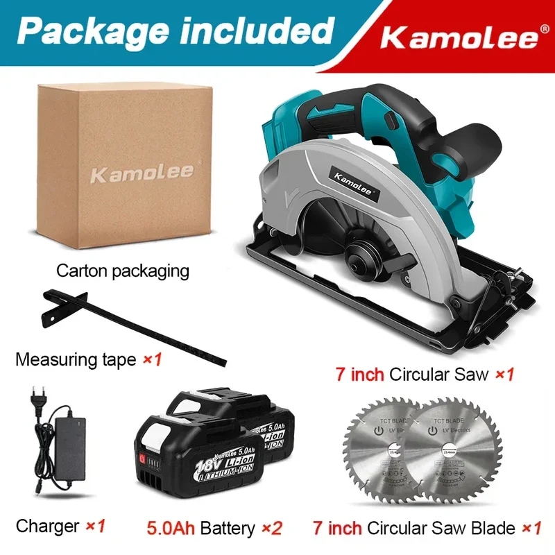 Kamolee 7 inch 21V 6.0Ah 6000mAh Electric Circular Saw for Home DIY Apply to 18V 21V Battery