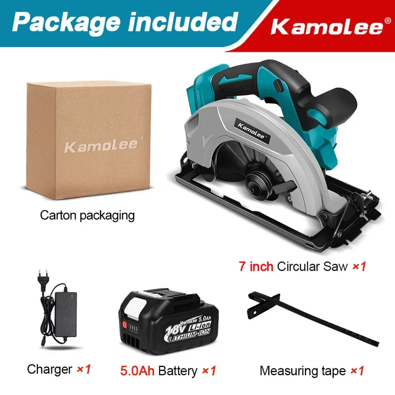 Kamolee 7 inch 21V 6.0Ah 6000mAh Electric Circular Saw for Home DIY Apply to 18V 21V Battery