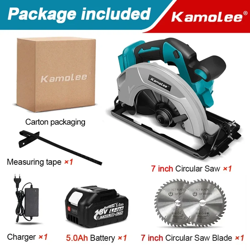 Kamolee 7 inch 21V 6.0Ah 6000mAh Electric Circular Saw for Home DIY Apply to 18V 21V Battery