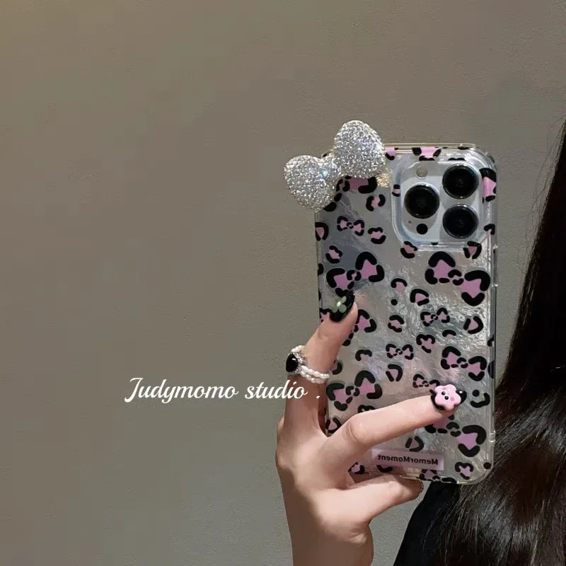 Sexy Leopard Diamond Bowknot Lustre Lining Phone Case for OPPO A18 A17 A16 A15 A38 A58 A78 A94 A74 A54 A57 A77 A53 A3X A40 A60