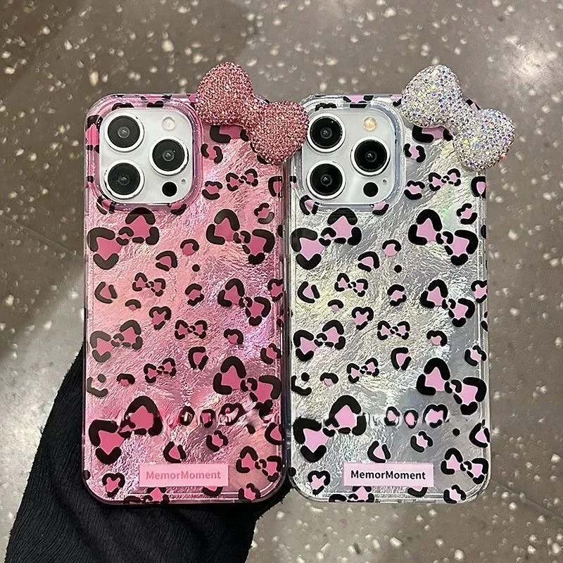 Sexy Leopard Diamond Bowknot Lustre Lining Phone Case for OPPO A18 A17 A16 A15 A38 A58 A78 A94 A74 A54 A57 A77 A53 A3X A40 A60
