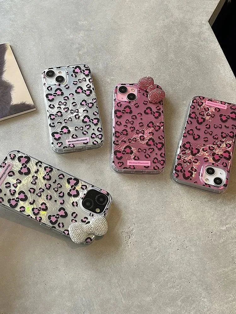 Sexy Leopard Diamond Bowknot Lustre Lining Phone Case for OPPO A18 A17 A16 A15 A38 A58 A78 A94 A74 A54 A57 A77 A53 A3X A40 A60