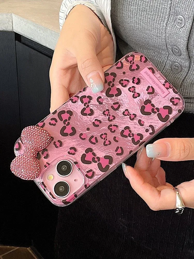 Sexy Leopard Diamond Bowknot Lustre Lining Phone Case for OPPO A18 A17 A16 A15 A38 A58 A78 A94 A74 A54 A57 A77 A53 A3X A40 A60
