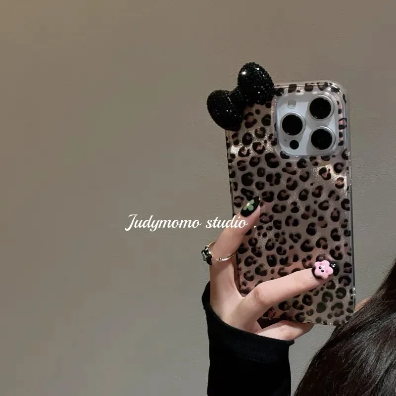 Sexy Leopard Diamond Bowknot Lustre Lining Phone Case for OPPO A18 A17 A16 A15 A38 A58 A78 A94 A74 A54 A57 A77 A53 A3X A40 A60