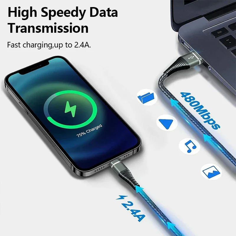 Lightning Cable USB Original Fast Charging Cord for Iphone 14 13 12 11 Pro Max XS X XR 7 8 6 Plus SE Nylon Braided Charger Cord
