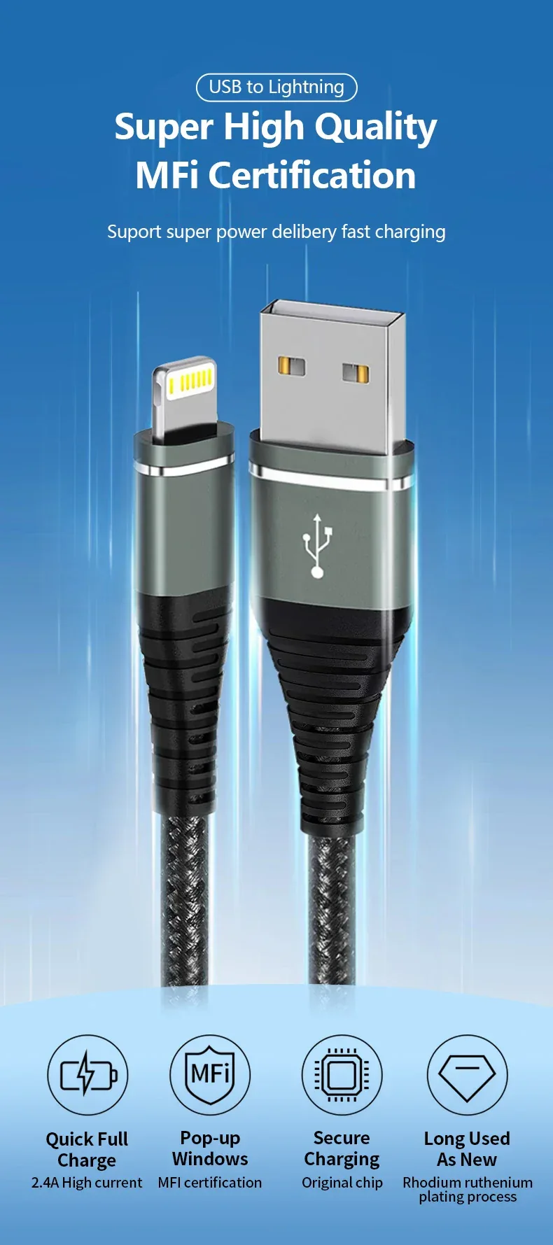 Lightning Cable USB Original Fast Charging Cord for Iphone 14 13 12 11 Pro Max XS X XR 7 8 6 Plus SE Nylon Braided Charger Cord