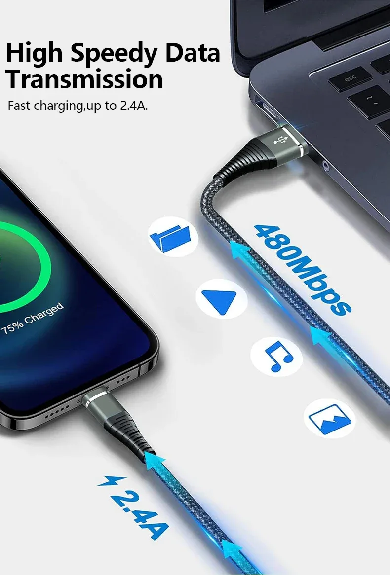 Lightning Cable USB Original Fast Charging Cord for Iphone 14 13 12 11 Pro Max XS X XR 7 8 6 Plus SE Nylon Braided Charger Cord