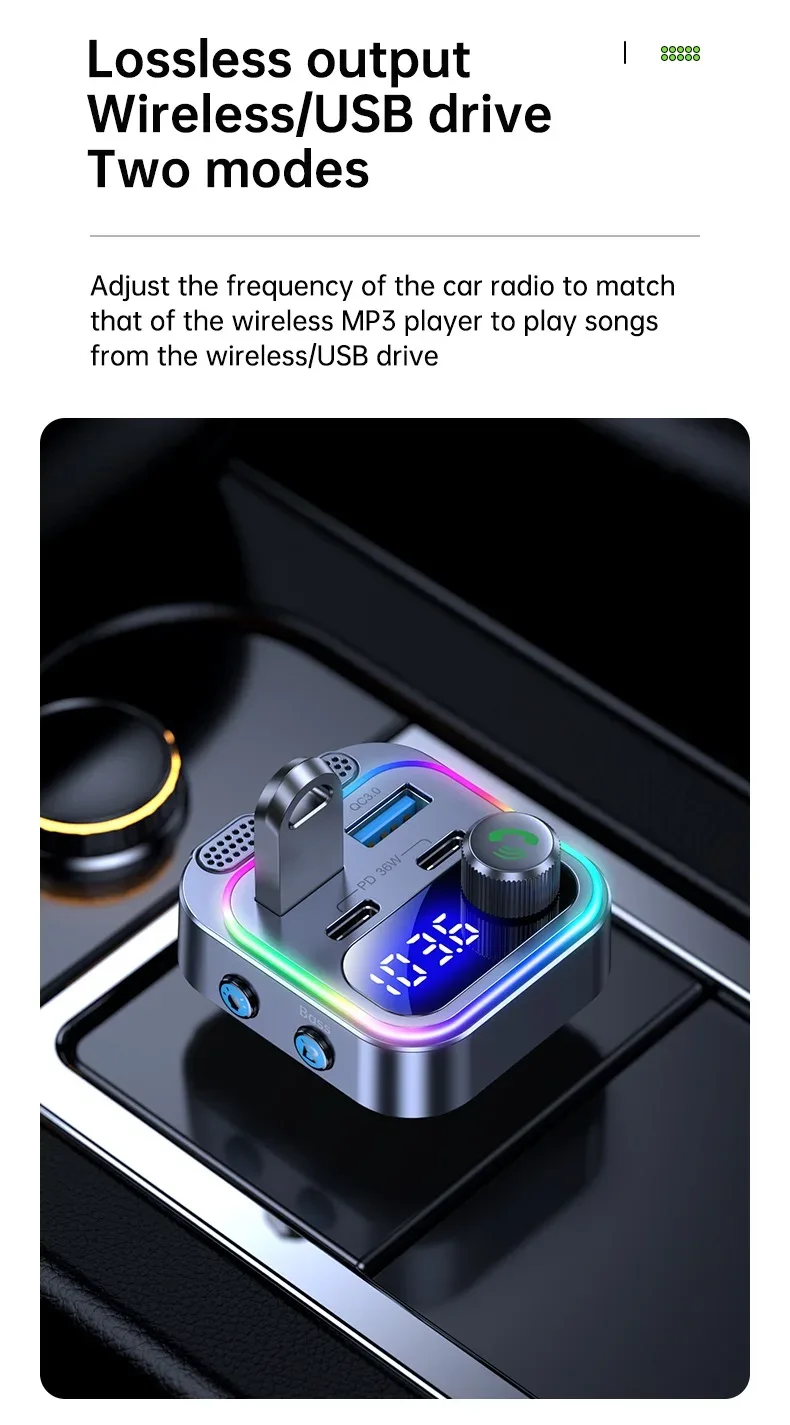 66W Fast Car Charger Bluetooth 5.4 FM Transmitter Wireless Radio Handsfree Calling Dual Mics & Deep Bass Car Charger Dual PD