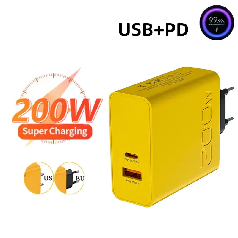 New 200W Ultra Fast Charger USB PD 2-In-1 Type C Fast GaN Phone Charger For Iphone Huawei Samsung Xiaomi Oppo EU US Plug