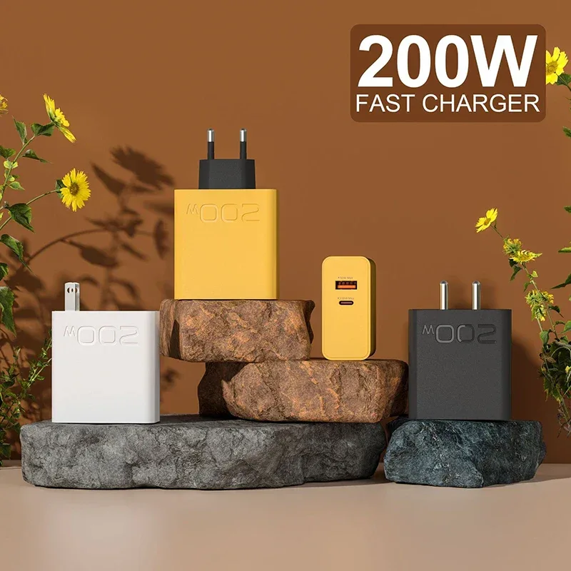 New 200W Ultra Fast Charger USB PD 2-In-1 Type C Fast GaN Phone Charger For Iphone Huawei Samsung Xiaomi Oppo EU US Plug