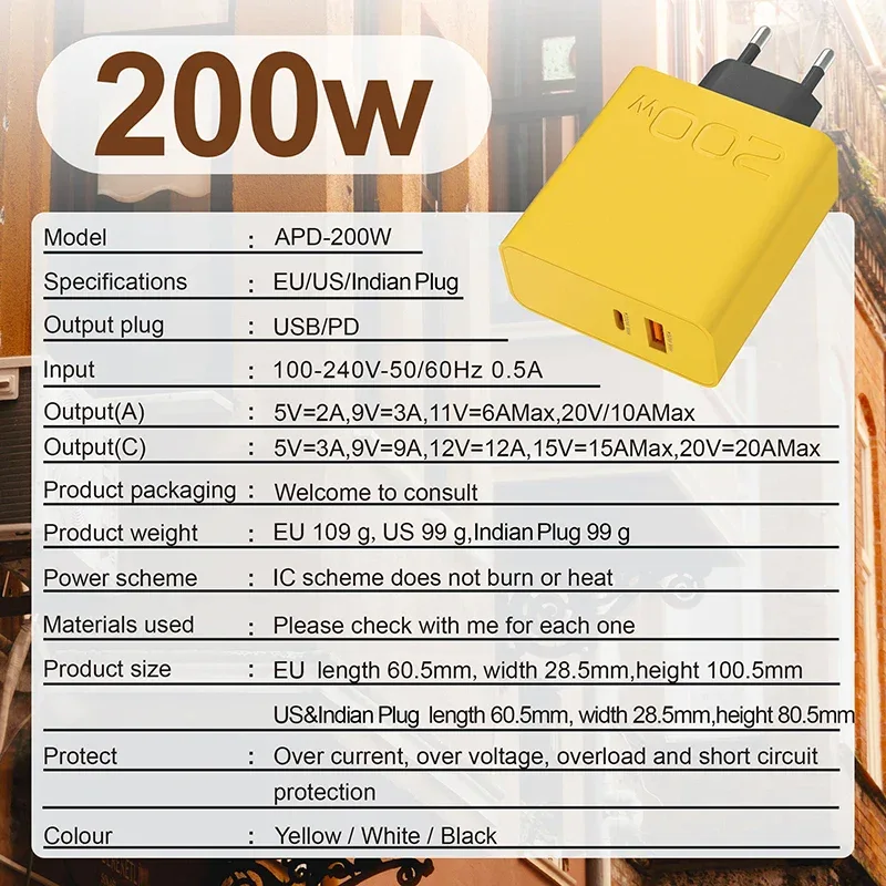New 200W Ultra Fast Charger USB PD 2-In-1 Type C Fast GaN Phone Charger For Iphone Huawei Samsung Xiaomi Oppo EU US Plug