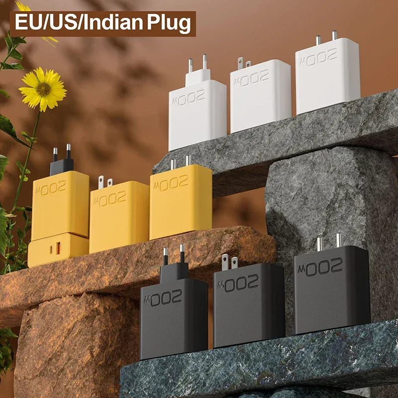 New 200W Ultra Fast Charger USB PD 2-In-1 Type C Fast GaN Phone Charger For Iphone Huawei Samsung Xiaomi Oppo EU US Plug