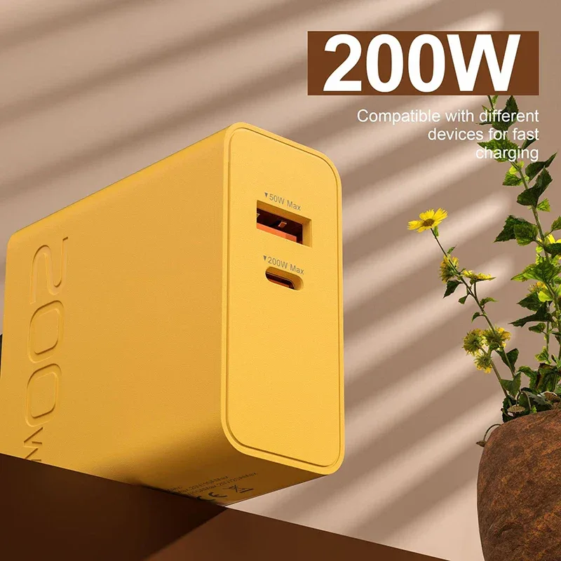 New 200W Ultra Fast Charger USB PD 2-In-1 Type C Fast GaN Phone Charger For Iphone Huawei Samsung Xiaomi Oppo EU US Plug