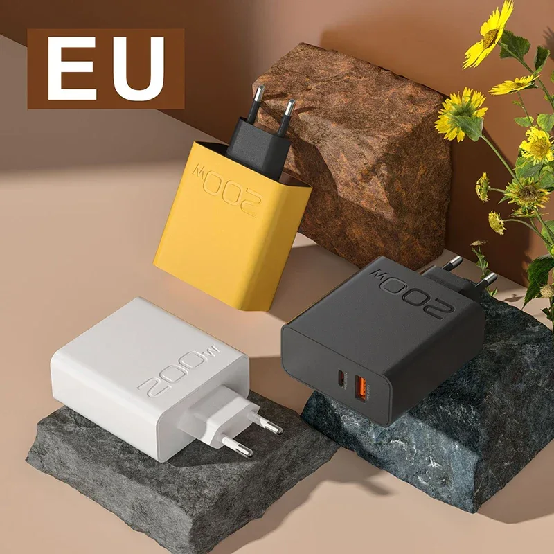 New 200W Ultra Fast Charger USB PD 2-In-1 Type C Fast GaN Phone Charger For Iphone Huawei Samsung Xiaomi Oppo EU US Plug