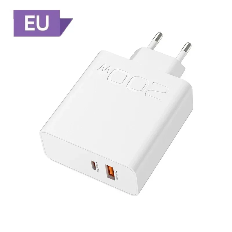 New 200W Ultra Fast Charger USB PD 2-In-1 Type C Fast GaN Phone Charger For Iphone Huawei Samsung Xiaomi Oppo EU US Plug