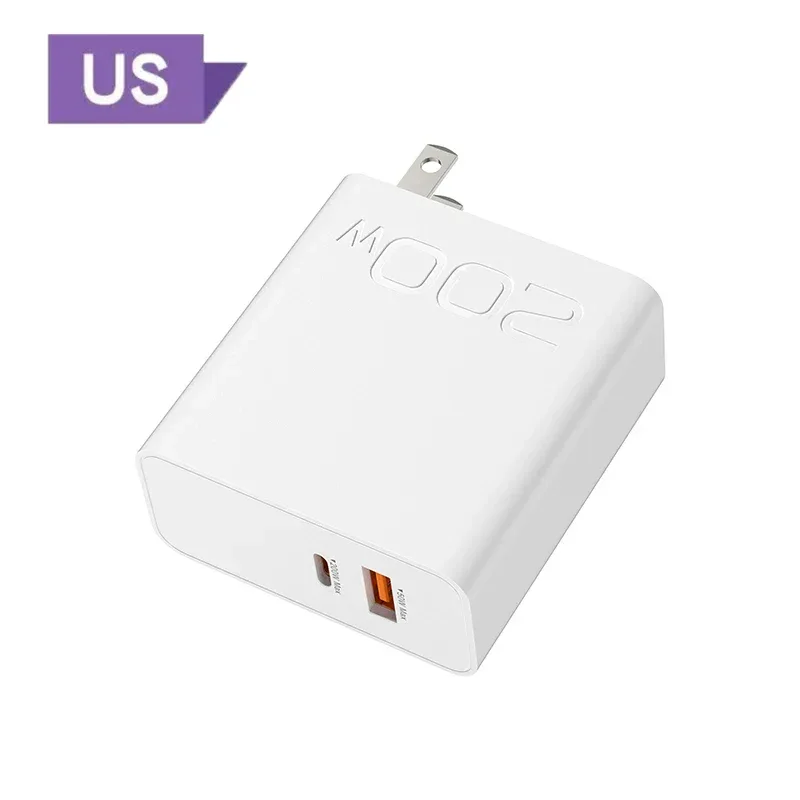 New 200W Ultra Fast Charger USB PD 2-In-1 Type C Fast GaN Phone Charger For Iphone Huawei Samsung Xiaomi Oppo EU US Plug