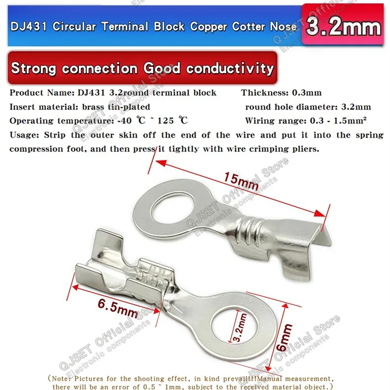 100PCS Circular Terminal Blocks DJ431 O-ring lugs Cold pressed connectors Copper lugs Terminal blocks Open ended bare ends 6.3mm