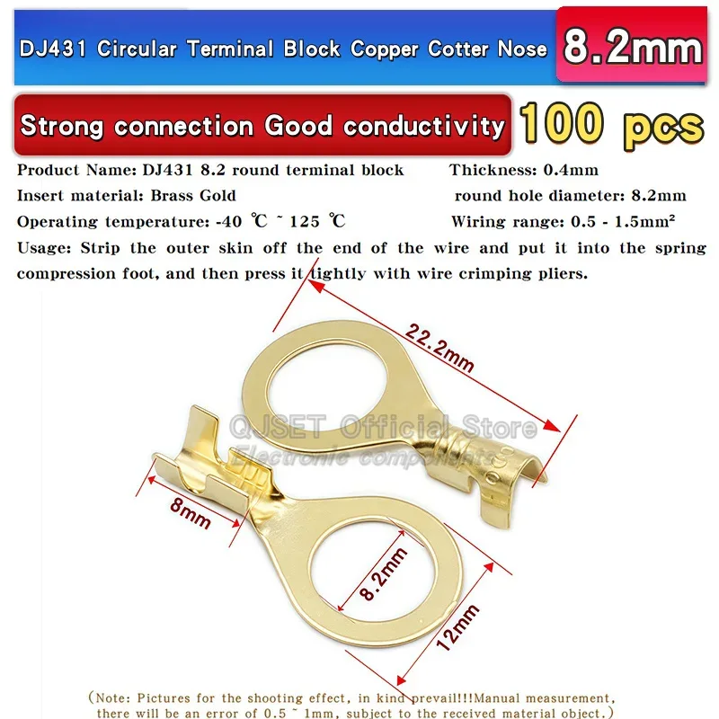 100PCS Circular Terminal Blocks DJ431 O-ring lugs Cold pressed connectors Copper lugs Terminal blocks Open ended bare ends 6.3mm